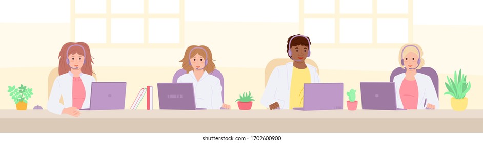 Multiethnic Smiling doctors answer calls. Doctors with headsets, health care cartoon, Call center. Customer support department staff. Coronavirus prevention concept. Vector isolated illustration