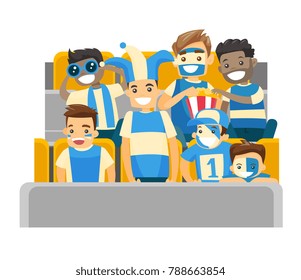 Multiethnic sport supporters sitting at the stadium at a sporting event. Crowd of spectators watching game at the stadium. Vector cartoon illustration isolated on white background. Square layout.