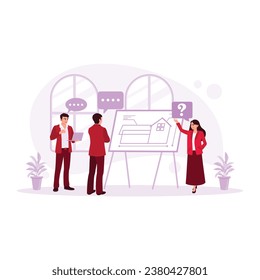 Multiethnic team of architects and engineers making and discussing construction plans in the office. Architect concept. Trend Modern vector flat illustration
