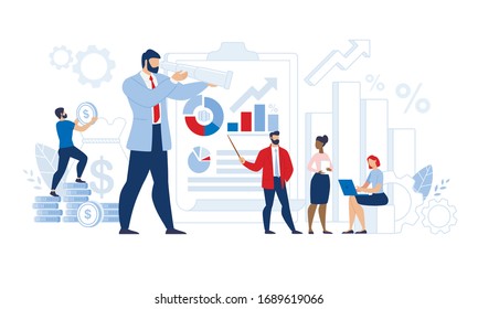 Equipo multiétnico y Auditor certificado de investigación. Caracteres de hombre y mujer que analizan gráfico o gráfico estadístico financiero durante el informe de auditoría. Liderazgo y concepto de negocios exitoso. Ilustración vectorial