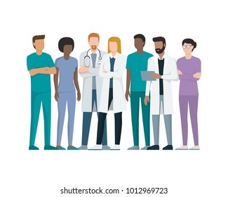 Multiethnic team of doctors and nurses standing together, healthcare and medicine concept