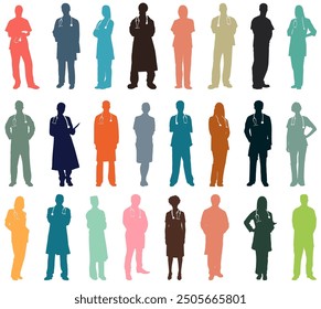 multiethnic team of doctors, silhouette doctor set, group of doctor