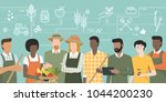 Multiethnic team of farmers working together and connecting with a tablet, network of concepts on the top: agriculture and food production