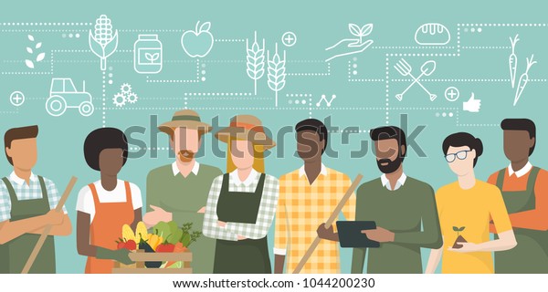 Multiethnic team of farmers working together\
and connecting with a tablet, network of concepts on the top:\
agriculture and food\
production