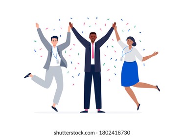 A multiethnic team jumping and celebrate the election win. Pre-election campaign. Promotion and advertising of candidate. Voting concept. Vector flat illustration for the landing page, banner, ad. 