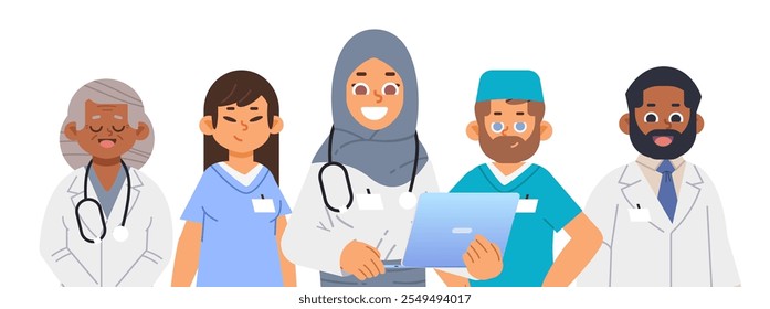 Multiethnic team medic workers on isolated background. Banner with diverse doctors flat illustration