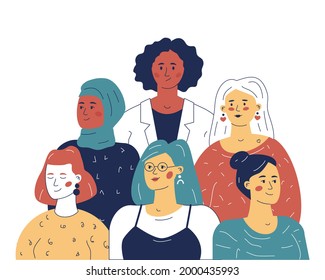 Equipo multiétnico de mujeres líderes, el concepto de igualdad en los negocios. Ilustración de un sitio web o aplicación.