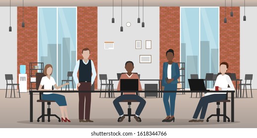 Multiethnic team working in open plan office. Vector.