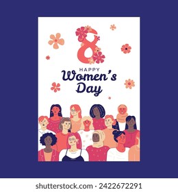A multiethnic unity of different women with the inscription "Happy Women's Day" above it. Poster design, postcards for March 8th.