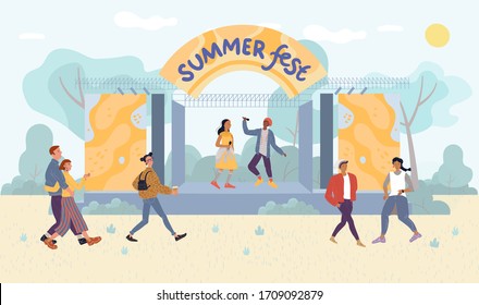 Multiethnic woman man singers band giving concert on open air tent stage. Summer festival live performance for visitor. Jazz, pop, ethnic outdoor music fest. Talented people, festivalgoer characters