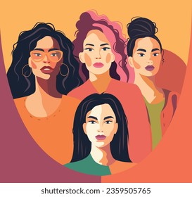 Multiethnic women banner. A group of beautiful women with different beauty, skin color. The concept of woman, femininity, independence and equality. Vector illustration