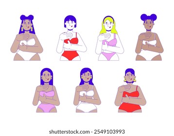 Multiethnic women in brassier examining breast 2D cartoon characters set. Mastopathy early detection. Diverse females touching chest isolated people flat vector on white. Spot illustrations collection