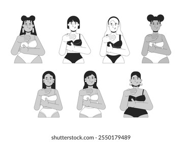 Multiethnic women in brassier examining breast black and white 2D line characters set. Diverse females touching chest isolated vector outline people. Monochrome spot illustrations collection