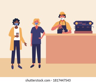Multi-ethnic women buying coffee and do not forget about protection they are wearing masks in public coffee shop.