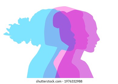 Multiethnic women communicate, vector illustration. Female faces of diverse cultures in propfile