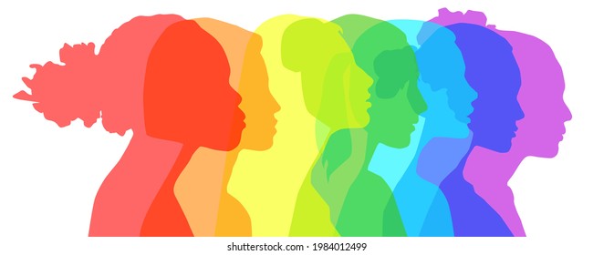 Multiethnic women communicate, vector illustration. Female faces of diverse cultures in propfile in different colors of the rainbow
