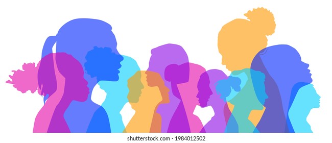 Multiethnic women communicate, vector illustration. Female faces of diverse cultures in propfile