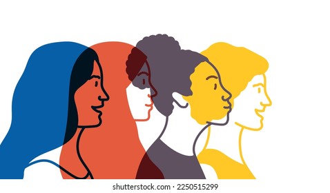 Multi-ethnic women. The concept of women, femininity, diversity, independence and equality. Women's day. Vector illustration.