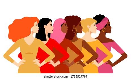 Multi-ethnic Women. Women Different Cultures. The Struggle For Rights And Equality. Female Empowerment Movement. Different Women: African, European, Latin American, Asian, Arab.