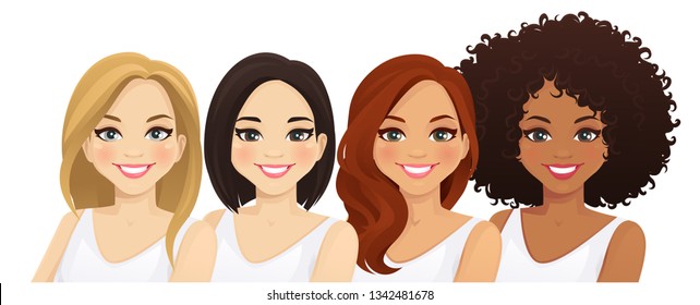 Multiethnic women, different female faces isolated vector illustration