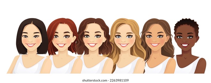 Multiethnic women, different female faces vector illustration isolated on white background