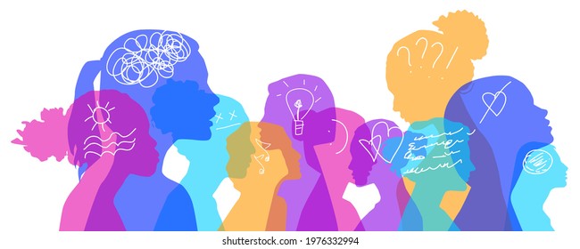 Multiethnic women with different thoughts in their heads, vector illustration. Female faces of diverse cultures in propfile thinking positive and negative ideas