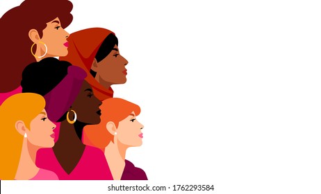 Multi-ethnic women. A group of beautiful women with different beauty, hair and skin color. The concept of women, femininity, diversity, independence and equality. Vector illustration. - Shutterstock ID 1762293584