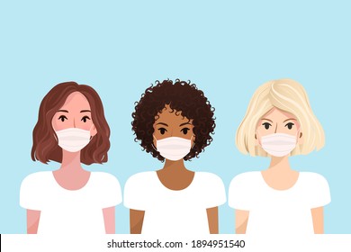 Multi-ethnic women. A group of beautiful women with different beauty, hair and skin color. The concept of women wearing surgical disposable and fabric breathing masks isolated white background. Vector