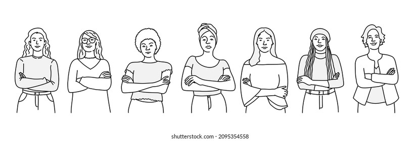 Mujeres multiétnicas. Un grupo de bellas mujeres con diferente belleza. Ilustración vectorial dibujada a mano. Blanco y negro.