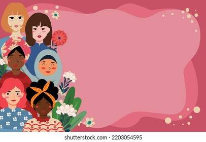 Multi-ethnic women. A group of beautiful women with different beauty, hair and skin color. The concept of women, femininity, diversity, independence and equality. Vector illustration.