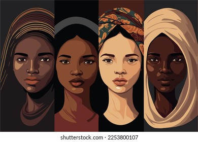 Multiethnic women. A group of beautiful women with different beauty, hair and skin color. The concept of woman, femininity, diversity, independence and equality. Vector illustration