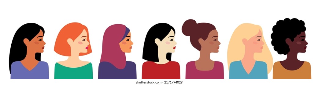 Grupo multiétnico de mujeres. Diferentes etnias, belleza, cabello y color de piel. El concepto de mujer, feminidad, diversidad, independencia e igualdad. Día Internacional de la Mujer. Ilustración vectorial.