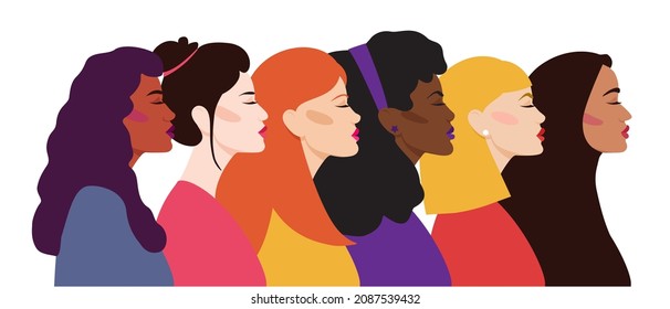 Multi-ethnic women. Group of  women with different  skin color, hairstyle, lips.  The concept of human race and cultural diversity. Women's day, 8 march vector illustration. 