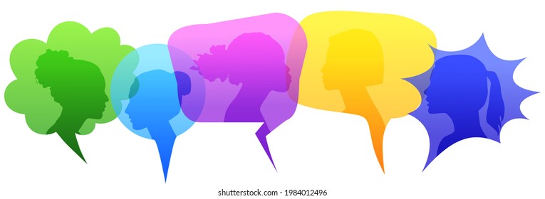 Multiethnic women inside different thoughts bubbles, vector illustration. Female faces of diverse cultures in propfile think and communicate. Gossip, 