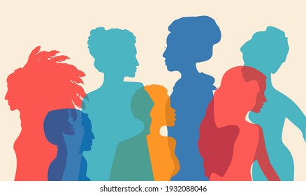 Multi-ethnic Women Silhouette. Different Ethnicity Women: African, Asian, Chinese, European, Arab. Racial Equality And Anti-racism. The Struggle For Rights, Independence, Equality. Multicultural