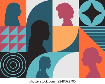 Multiethnic women silhouette profile. Concept of racial equality, friendship, empowerment, woman power. Abstract geometric banner.