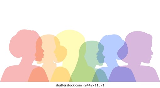 Multiethnic Women Silhouettes. Female faces of diverse cultures in propfile in different colors of the rainbow. Vector illustration with isolated Homosexuals