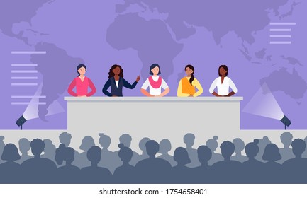 Multiethnic Women Sitting At The Desk On Stage And Speak To An Audience. Debates, International Press Conference. Global Women Conference Concept. Flat Vector Illustration.