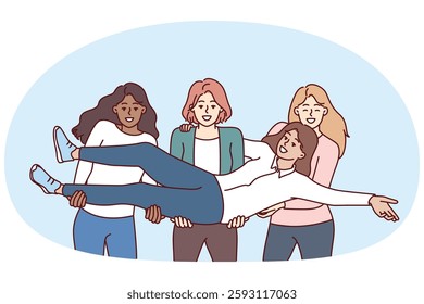 Multiethnic women students raise classmate in arms to congratulate on educational achievements and take memorable photo. Cheerful multiethnic girls get pleasure from lack of disagreement.