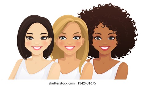 Multiethnic women. Three different female faces. Asian, african and caucasian isolated vector illustration