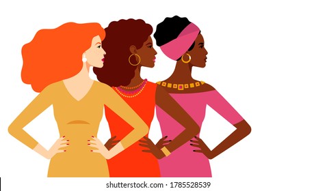 Mujeres multiétnicas juntas. Las mujeres tienen diferentes nacionalidades y culturas. La lucha por los derechos y la igualdad. Movimiento de empoderamiento femenino. Diferentes mujeres: Africano, europeo, latinoamericano. Vector.