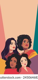 Ilustración de Anuncio de Vector de mujeres multiétnicas. Un grupo de mujeres de diferente belleza y color de piel. Feminidad, independencia. Concepto del movimiento en favor de la igualdad entre los géneros y el empoderamiento de la mujer