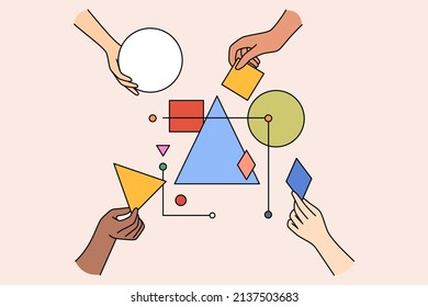 Multiethnic work team connect geometrical shapes and figures involved in teambuilding activity. Hands building system together. Partnership and teamwork concept. Vector illustration. 