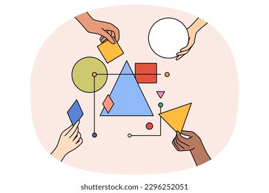 Multiethnic work team connect geometrical shapes and figures involved in teambuilding activity. Hands building system together. Partnership and teamwork concept. Vector illustration.