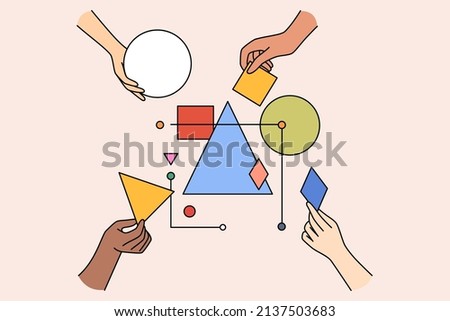 Multiethnic work team connect geometrical shapes and figures involved in teambuilding activity. Hands building system together. Partnership and teamwork concept. Vector illustration. 