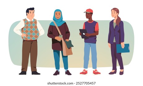 Multiethnic worker candidates for job. Diverse work position applicants men, women persons standing. Business employee cartoon characters portraits. Human resources flat vector illustration set