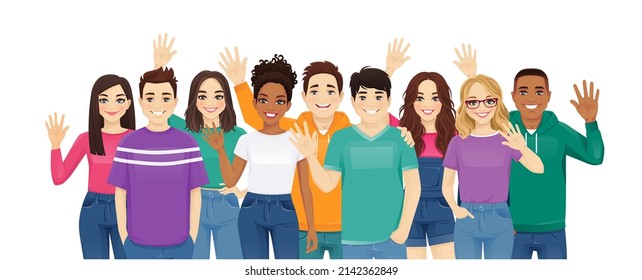 Multiethnic young diversity people wave hands. Asian, african and caucasian students standing together isolated vector illustration