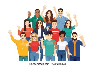 Multiethnic young diversity people wave hands. Asian, african and caucasian students standing together isolated vector illustration