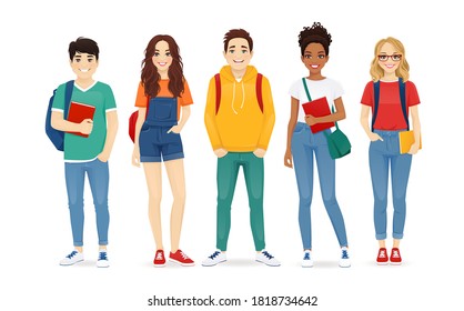 Multiethnic young people in casual clothes with backbackpacks and books. Asian, african and caucasian students standing isolated vector illustration