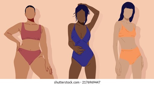 Multiethnicof women with different body. height, figure type and size. Body-positive women. Flat Vector Illustration